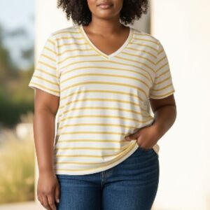 Old Navy Brand Ladies Yellow and White Striped Hi-Low Top Short Sleeve